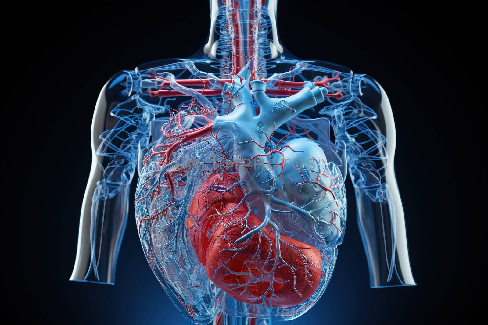 Upper body, internal organs of the chest, lungs, heart and part of the stomach, medical figure model.