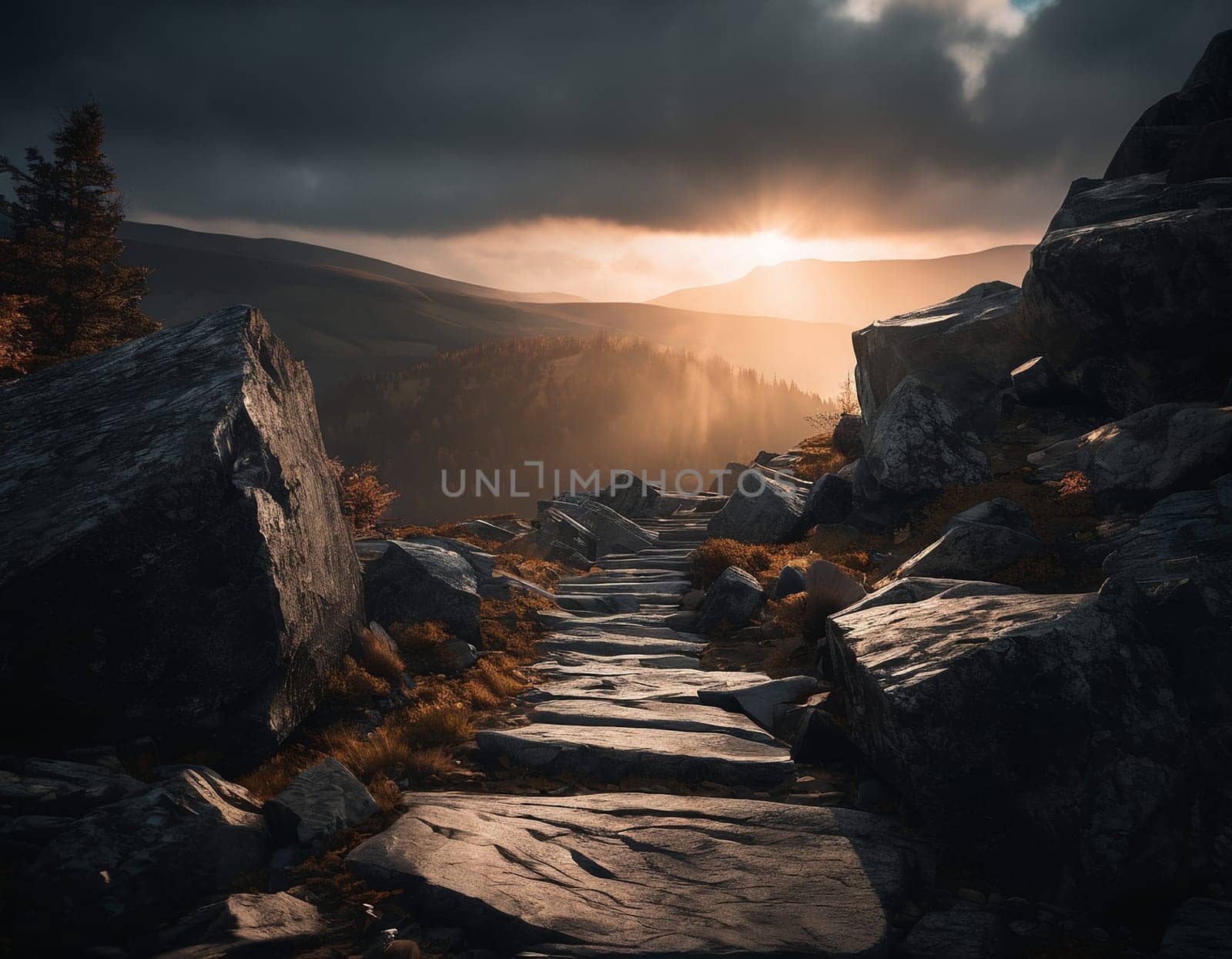 Beautiful cinematic mountain landscape with black marble and granite. High quality illustration