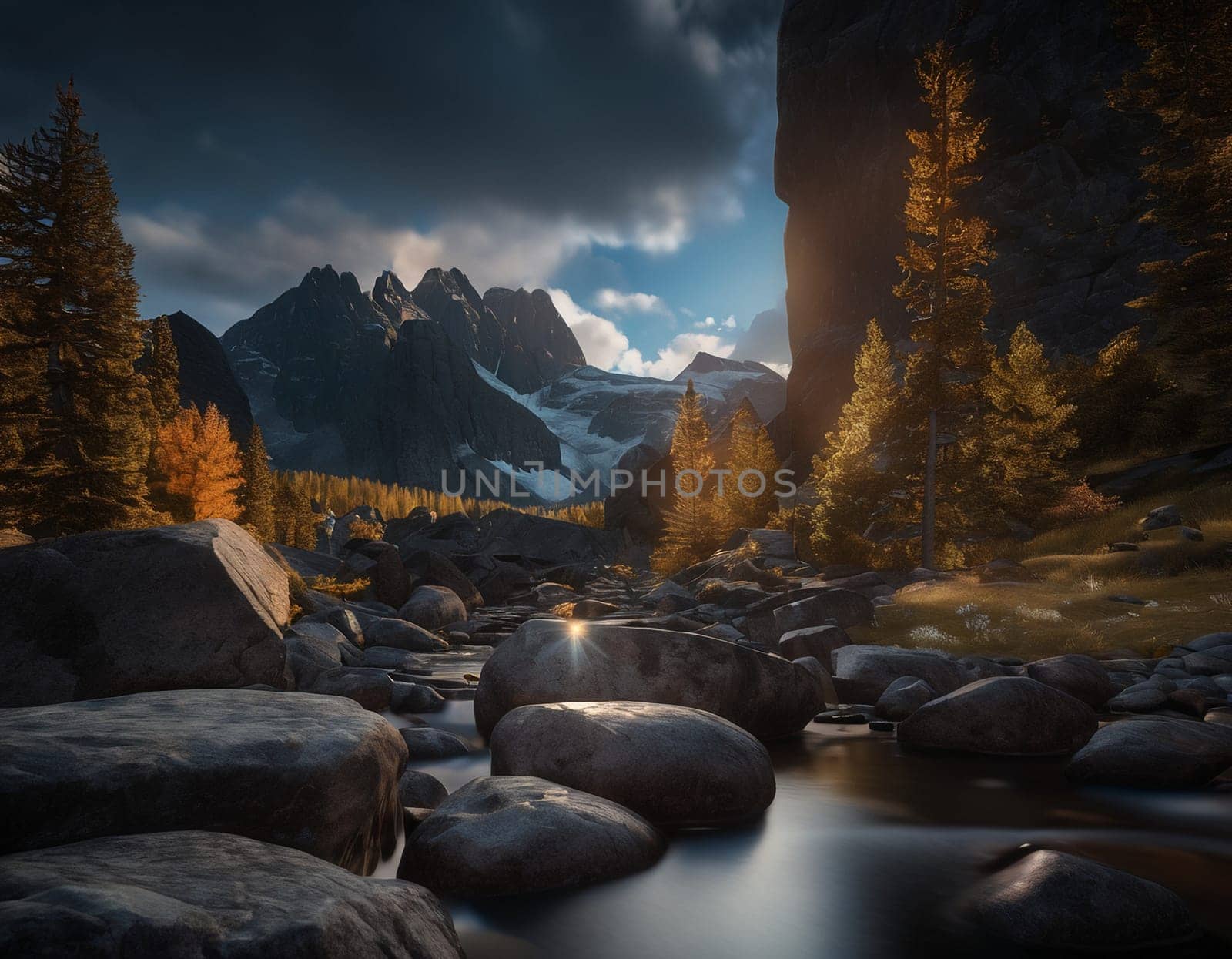 Beautiful cinematic mountain landscape with black marble and granite. High quality illustration