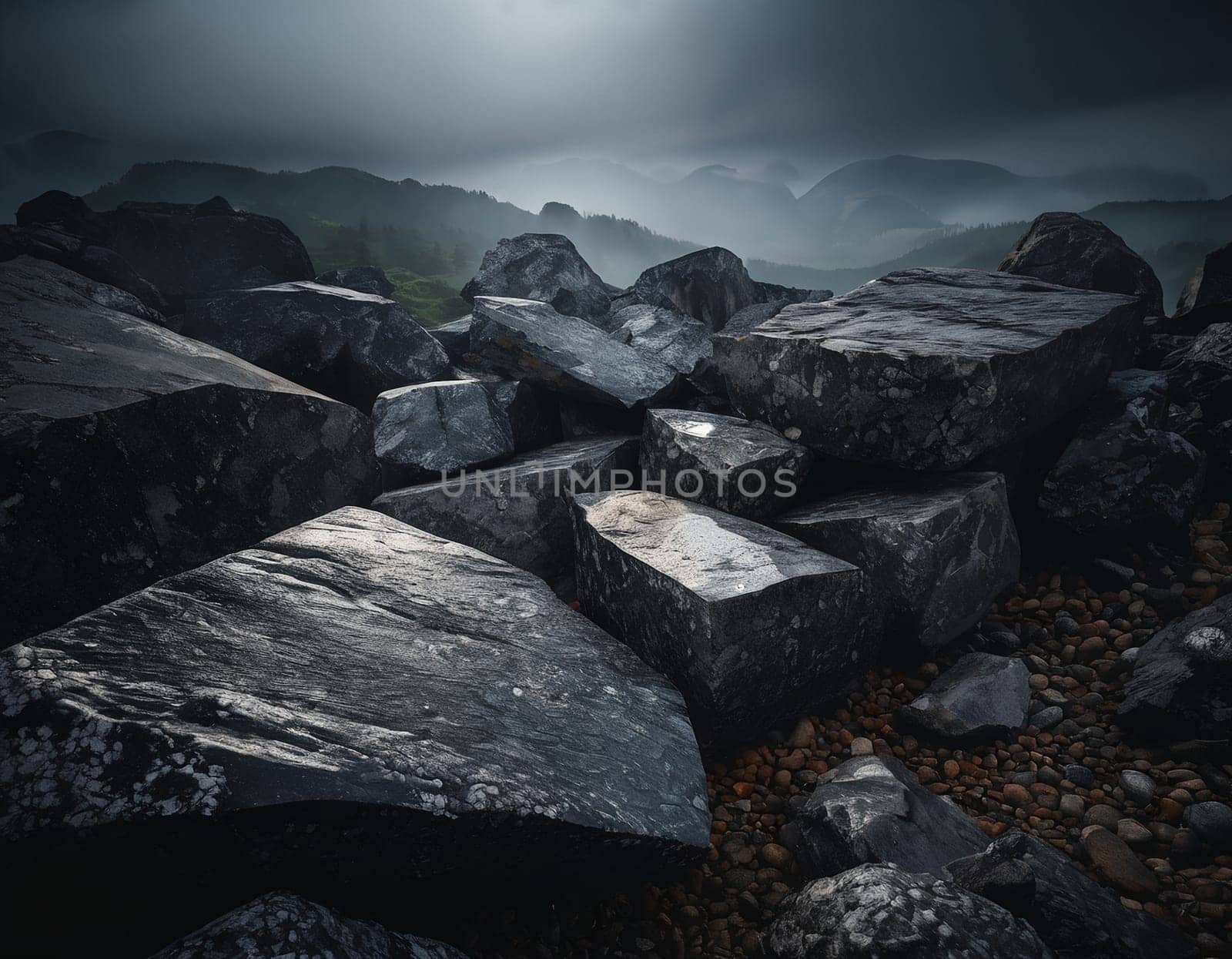 Beautiful cinematic mountain landscape with black marble and granite. High quality illustration