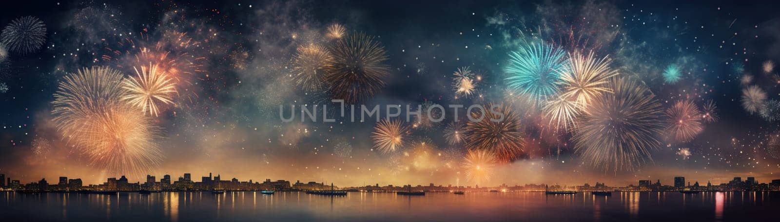 Spectacular fireworks burst in vibrant colors over dark city skyline, casting dazzling reflection on a festive night, perfect for New Year's celebrations, grand events. Happy New Year. Generative AI