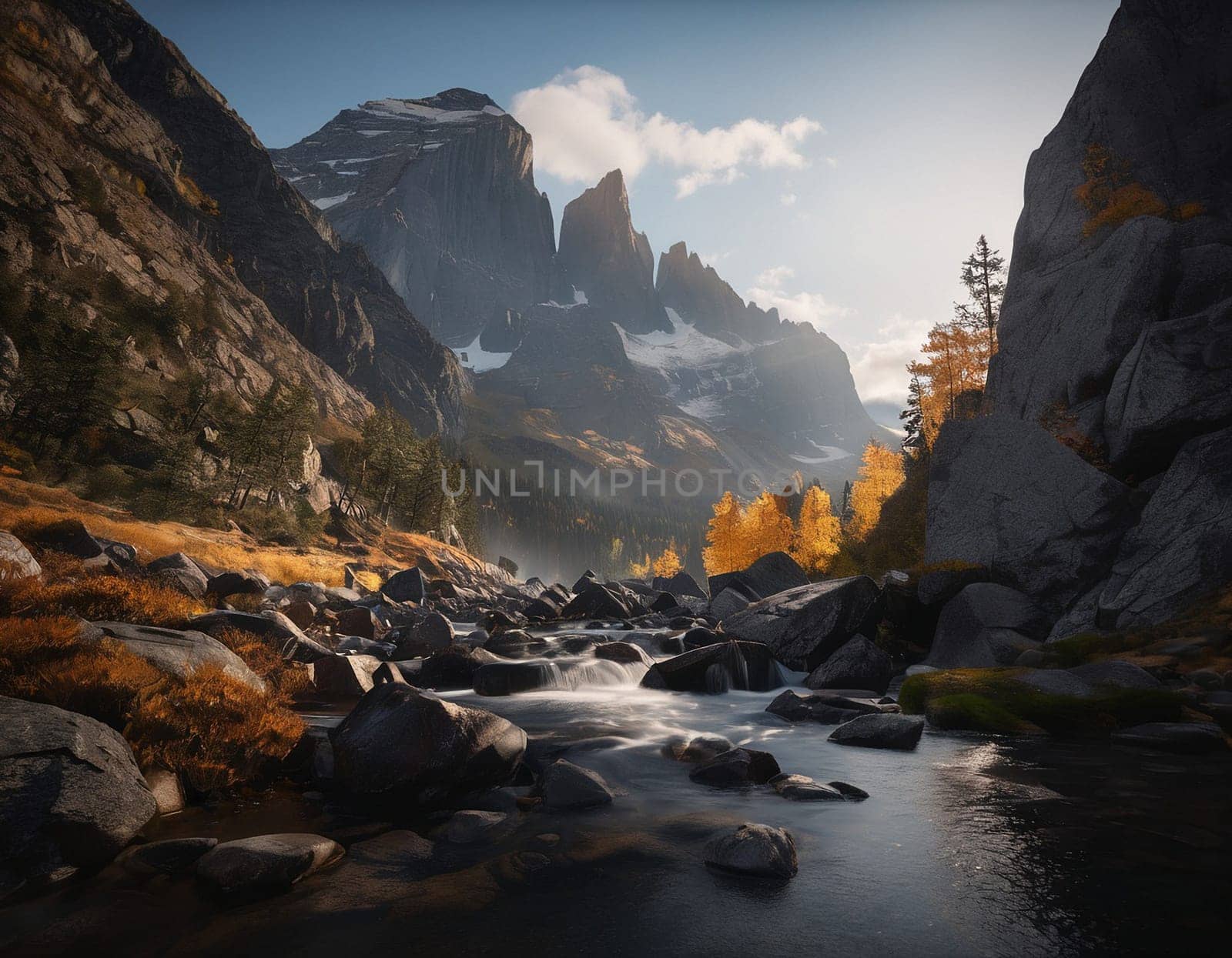 Beautiful cinematic mountain landscape with black marble and granite. High quality illustration