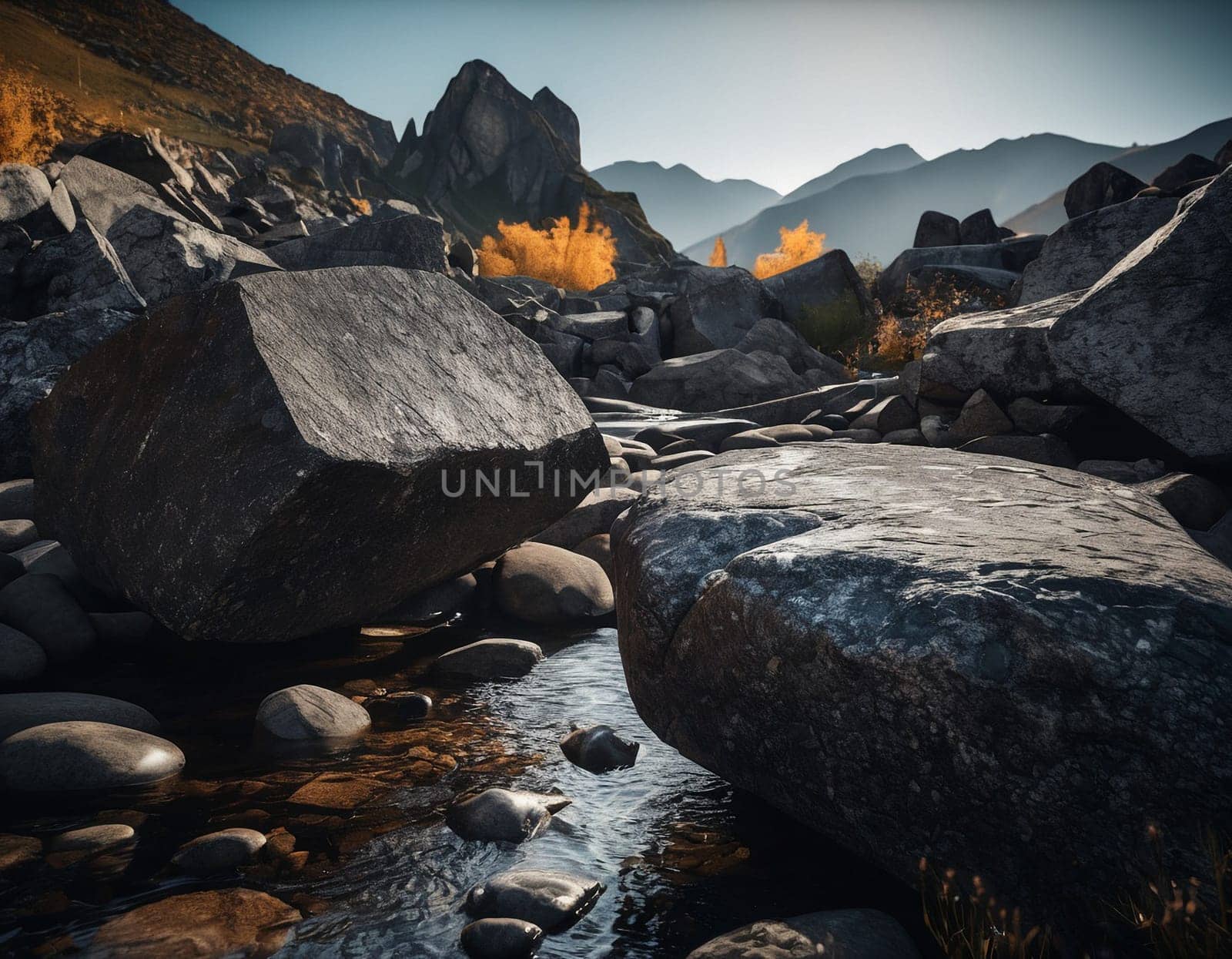Beautiful cinematic mountain landscape with black marble and granite. High quality illustration