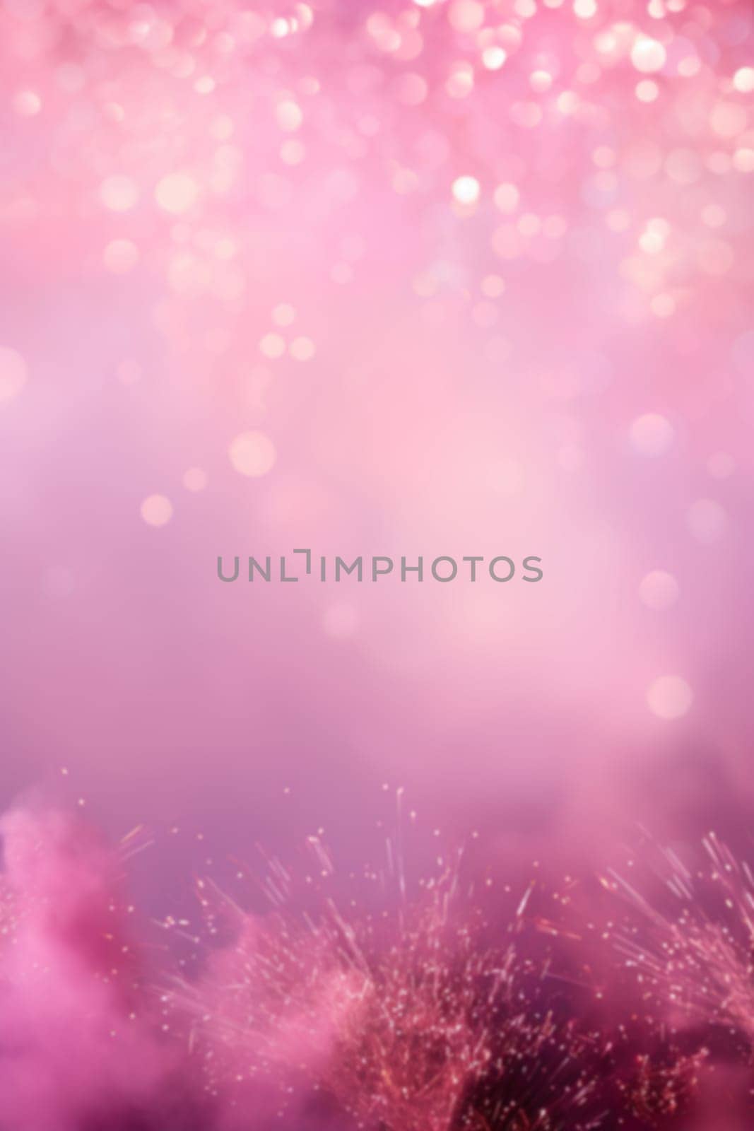 Enchanting pink fireworks and sparkling bokeh on a soft purple gradient, perfect for celebrations and festive designs. Copy space. Merry Xmas, Happy New Year. Festive vertical backdrop. Generative AI