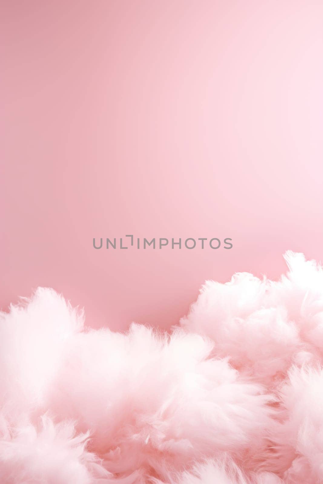 Fluffy pink feathers create a soft background with a delicate pastel gradient. Empty, copy space. Dreamy backdrop for social media content, bridal or fashion design presentations. Generative AI