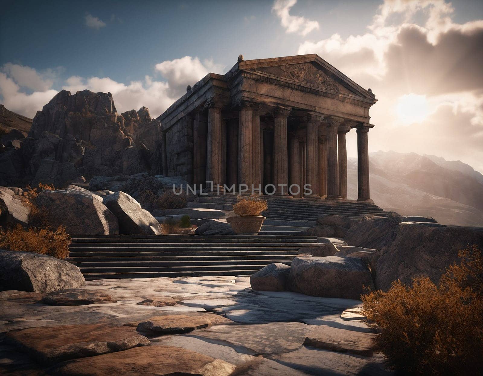 Ancient Roman Pantheon in the mountains. High quality illustration