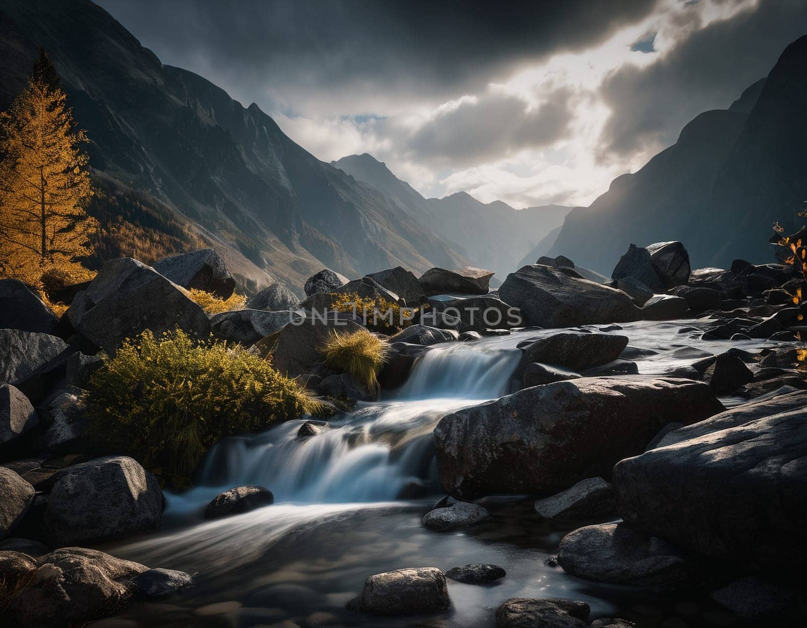 Beautiful cinematic mountain landscape with black marble and granite. High quality illustration