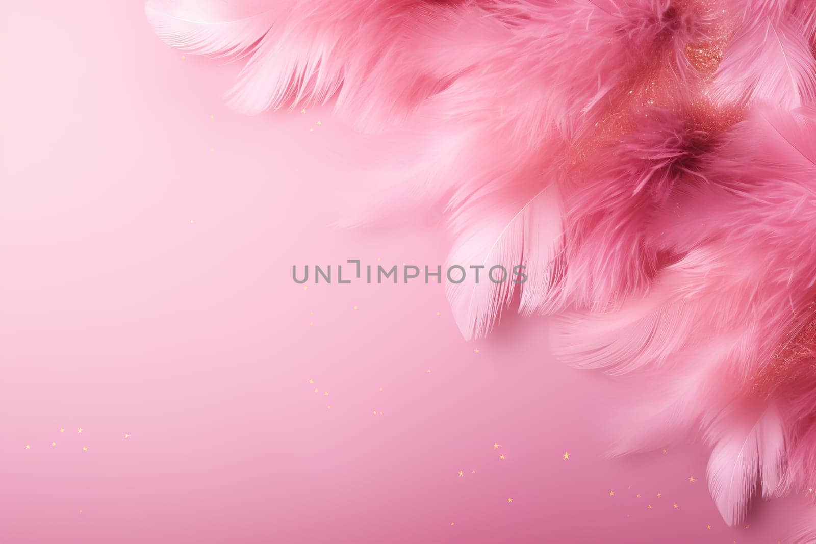 Fluffy pink feathers create a soft background with a delicate pastel gradient. Empty, copy space. Dreamy backdrop for social media content, bridal or fashion design presentations. Generative AI