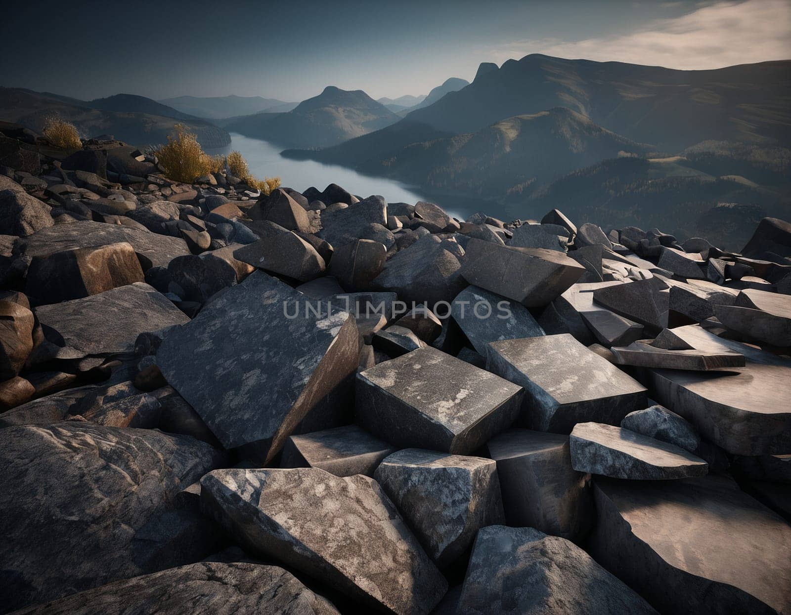 Beautiful cinematic mountain landscape with black marble and granite. High quality illustration