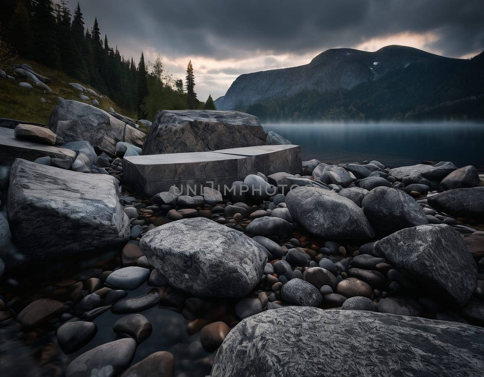 Beautiful cinematic mountain landscape with black marble and granite. High quality illustration