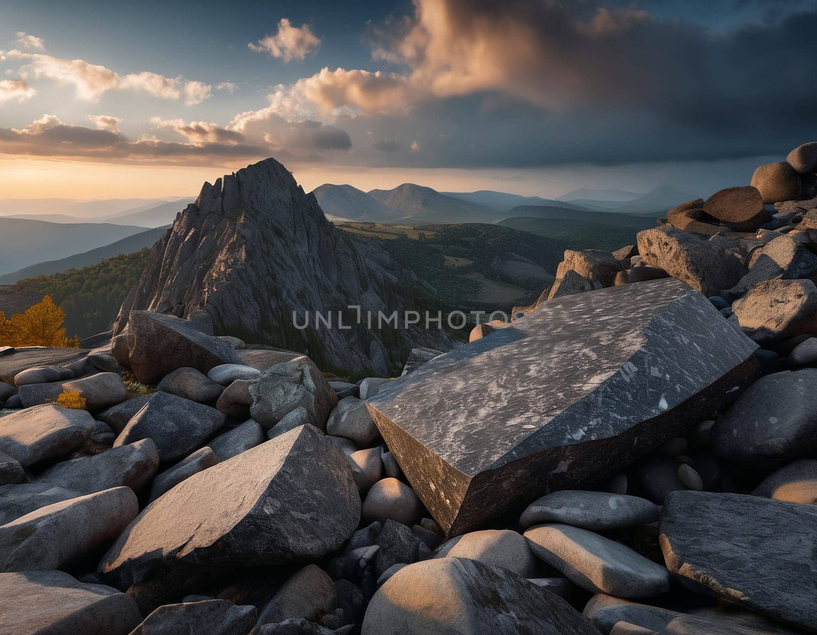 Beautiful cinematic mountain landscape with black marble and granite. High quality illustration