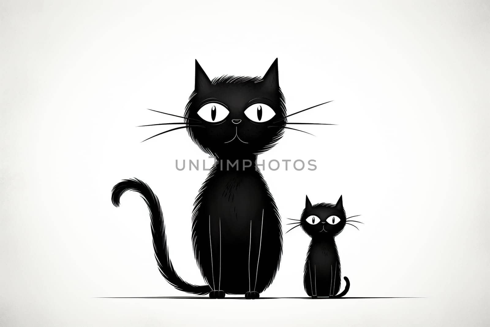 An adult black cat and a black kitten are sitting next to each other. Drawing on a white background.