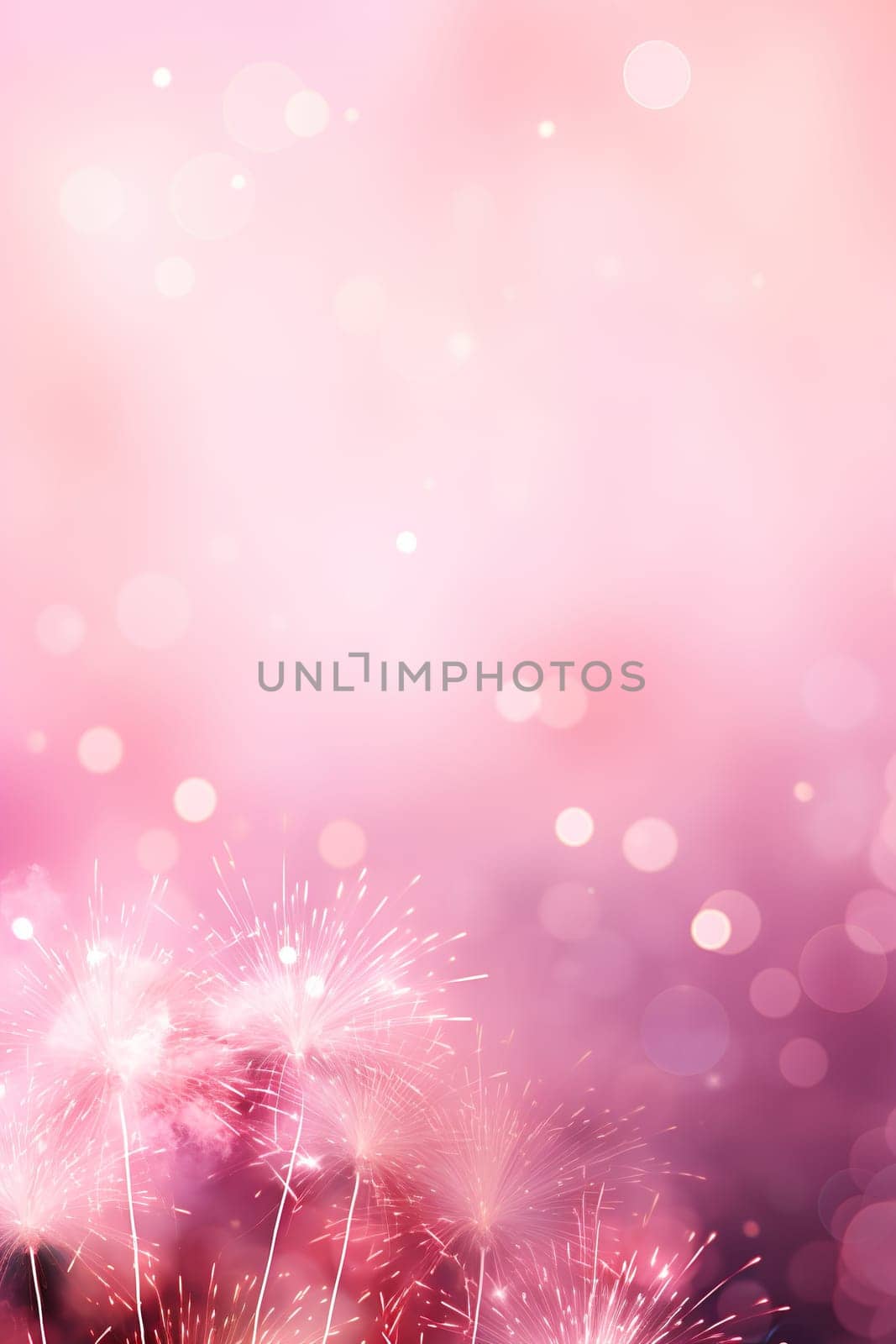 Enchanting pink fireworks and sparkling bokeh on a soft purple gradient, perfect for celebrations and festive designs. Copy space. Merry Xmas, Happy New Year. Festive vertical backdrop. Generative AI