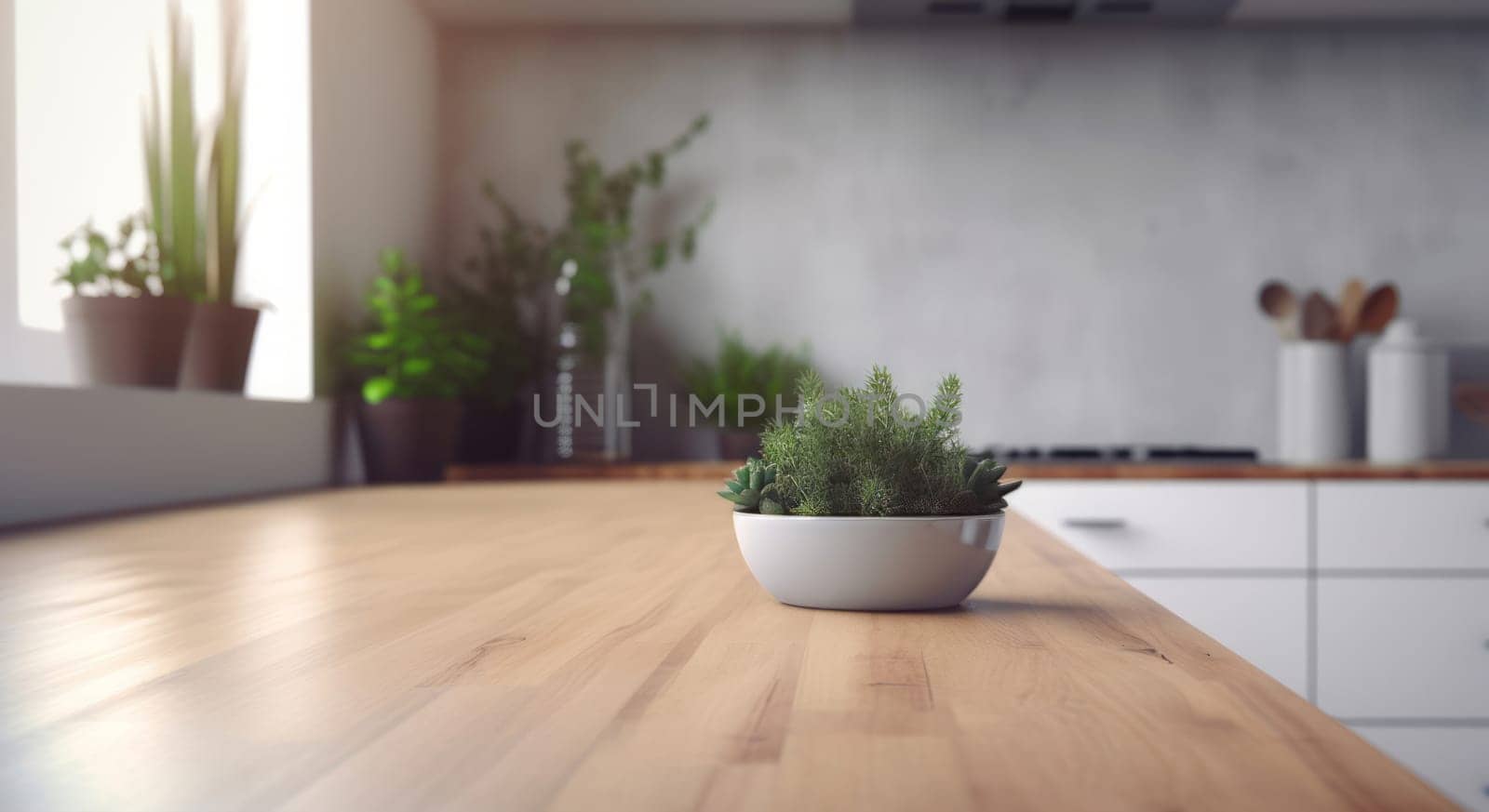 wood table top and blur bokeh modern kitchen interior with window background with green plants in pots