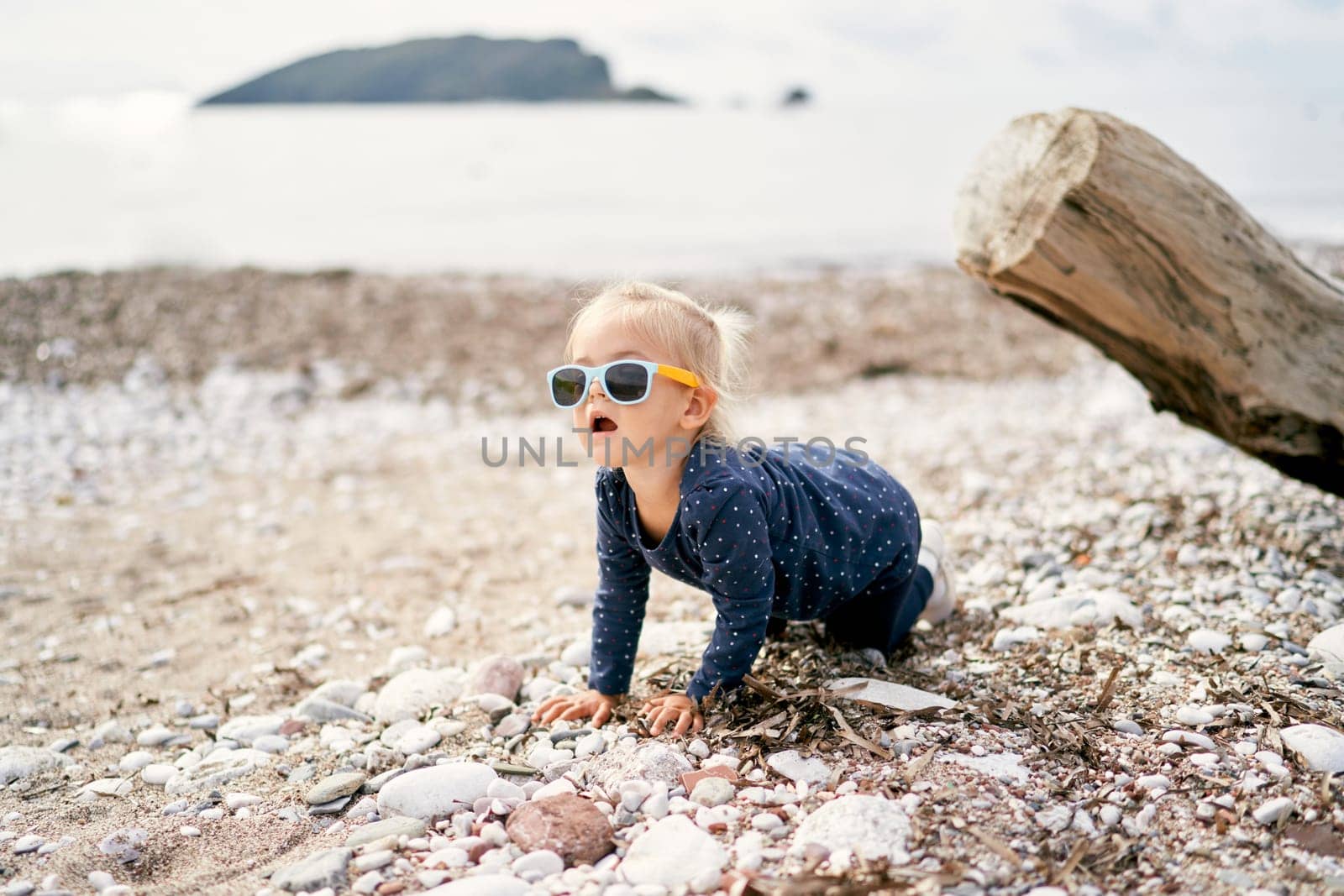 Little girl in sunglasses crawls along a pebble beach near a driftwood. High quality photo