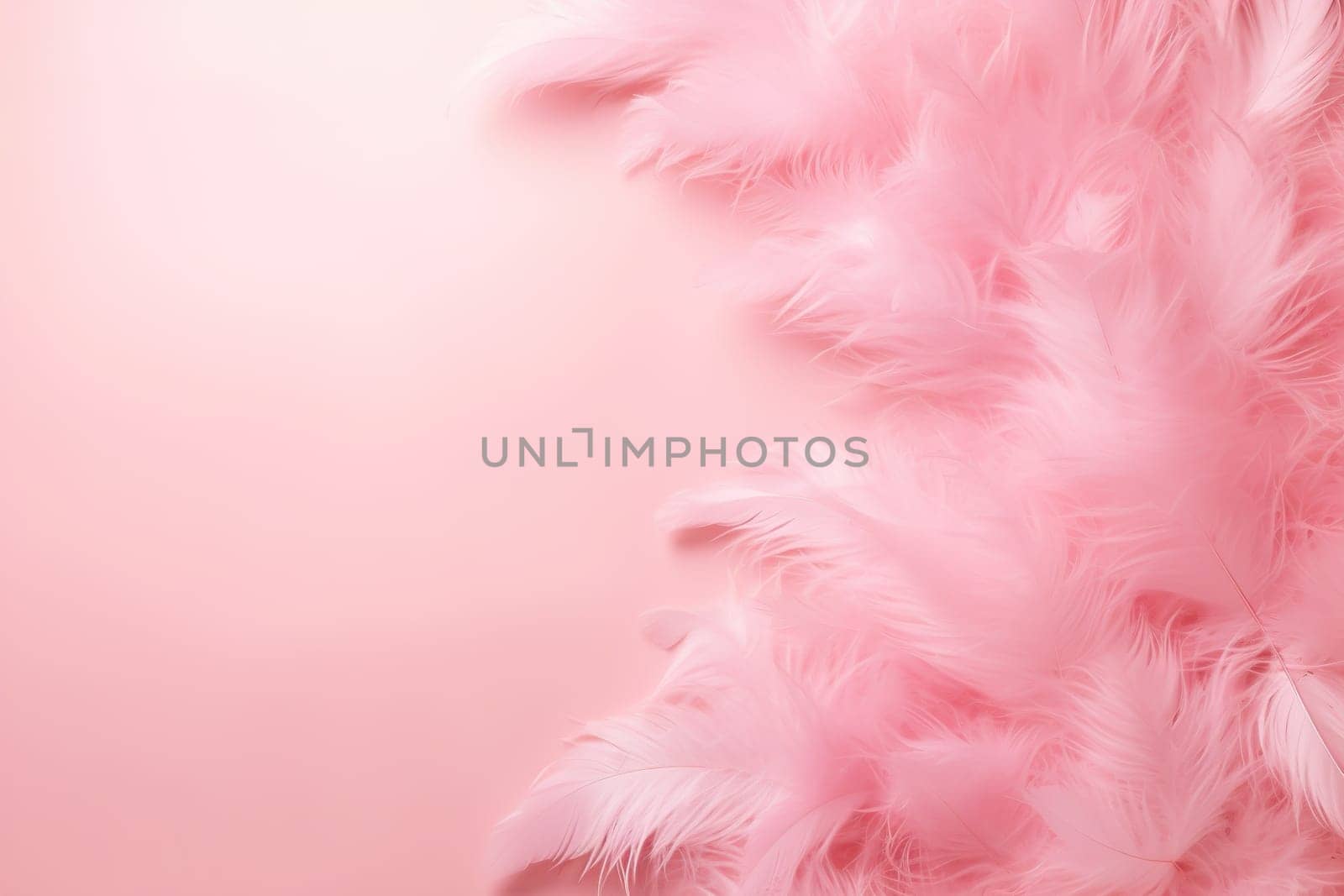 Fluffy pink feathers create a soft background with a delicate pastel gradient. Empty, copy space. Dreamy backdrop for social media content, bridal or fashion design presentations. Generative AI. by creativebird