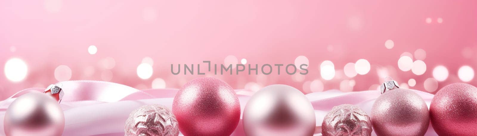 Beautiful pink Christmas background with shining decor and empty space. Glitter, bokeh lights. Copy space for your text. Merry Xmas, Happy New Year. Festive backdrop. Generative AI
