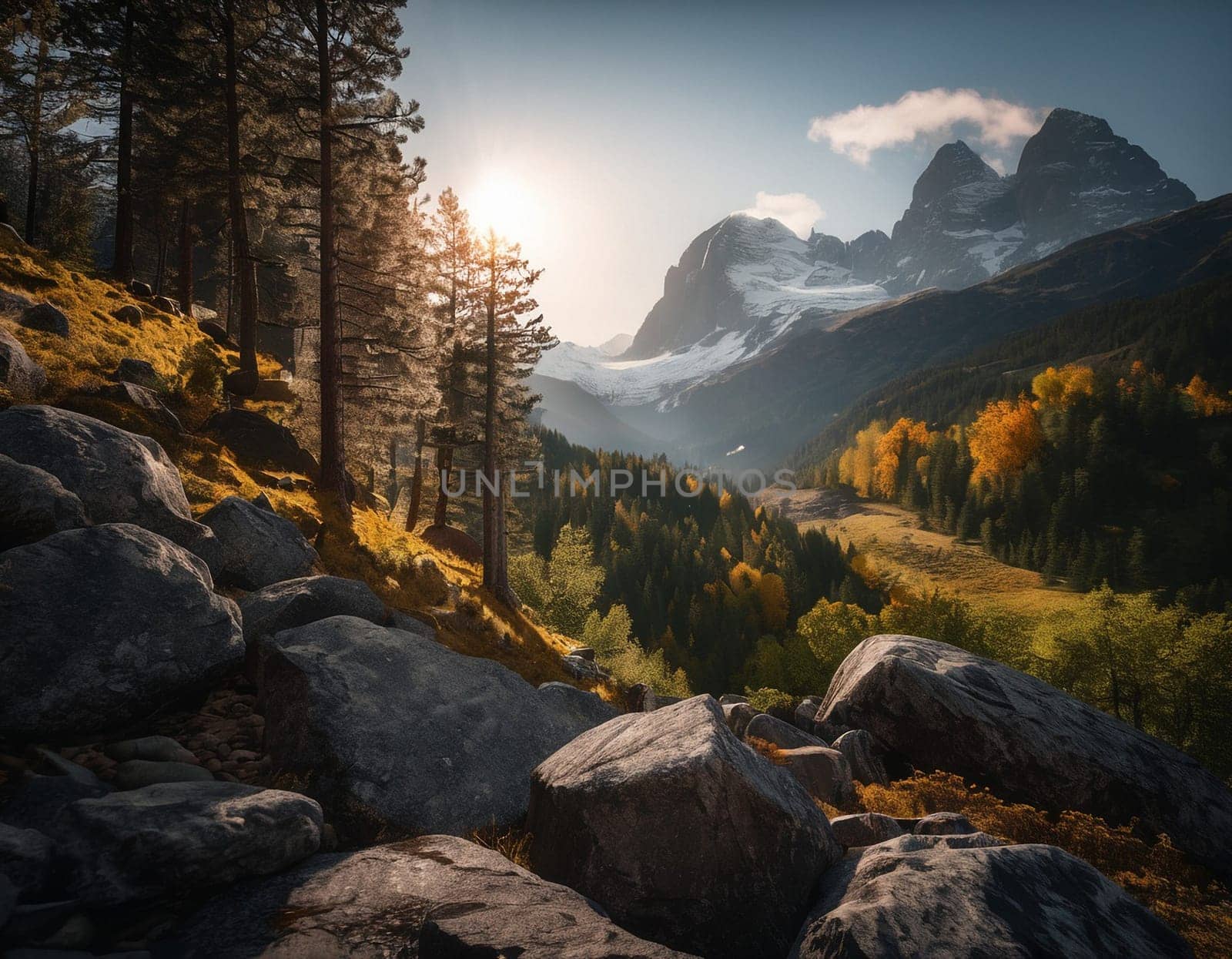 Beautiful cinematic mountain landscape with black marble and granite. High quality illustration