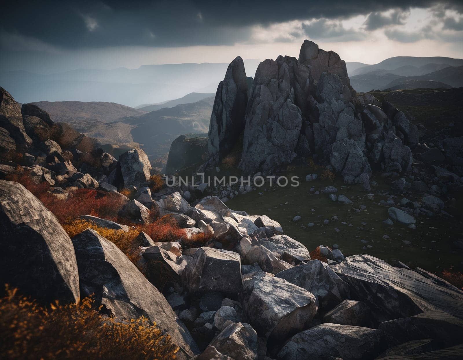 Beautiful cinematic mountain landscape with black marble and granite. High quality illustration