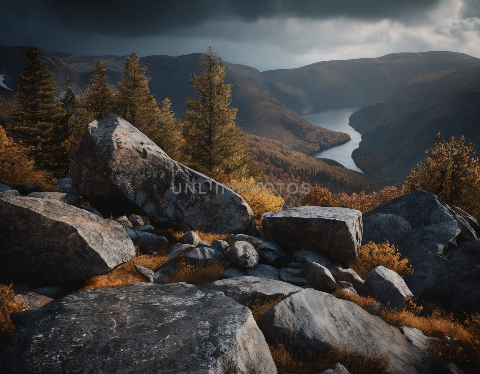 Beautiful cinematic mountain landscape with black marble and granite. High quality illustration