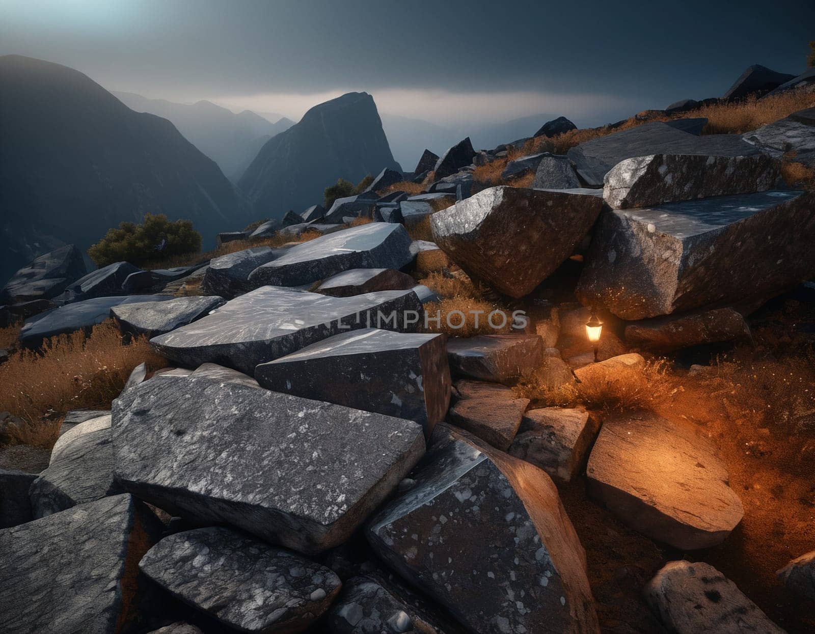 Beautiful cinematic mountain landscape with black marble and granite. High quality illustration