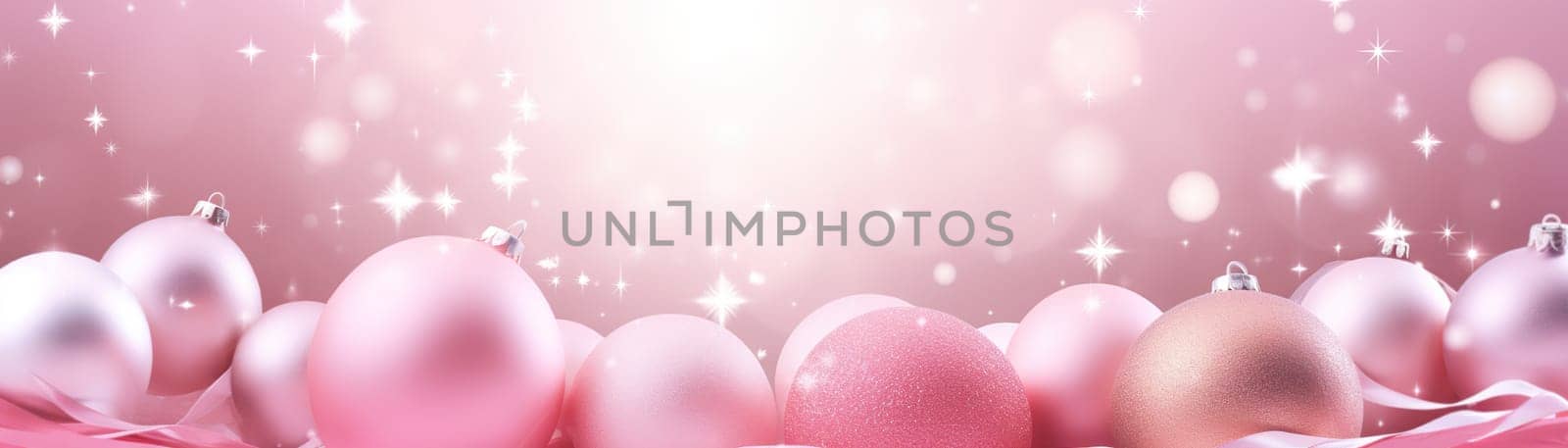 Beautiful pink Christmas background with shining decor and empty space. Glitter, bokeh lights. Copy space for your text. Merry Xmas, Happy New Year. Festive backdrop. Generative AI