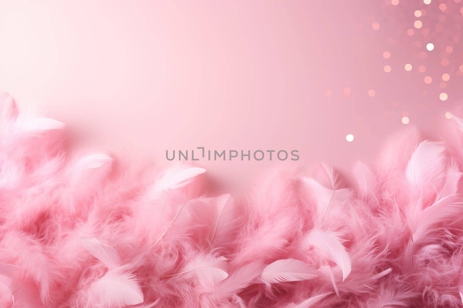 Fluffy pink feathers create a soft background with a delicate pastel gradient. Empty, copy space. Dreamy backdrop for social media content, bridal or fashion design presentations. Generative AI. by creativebird