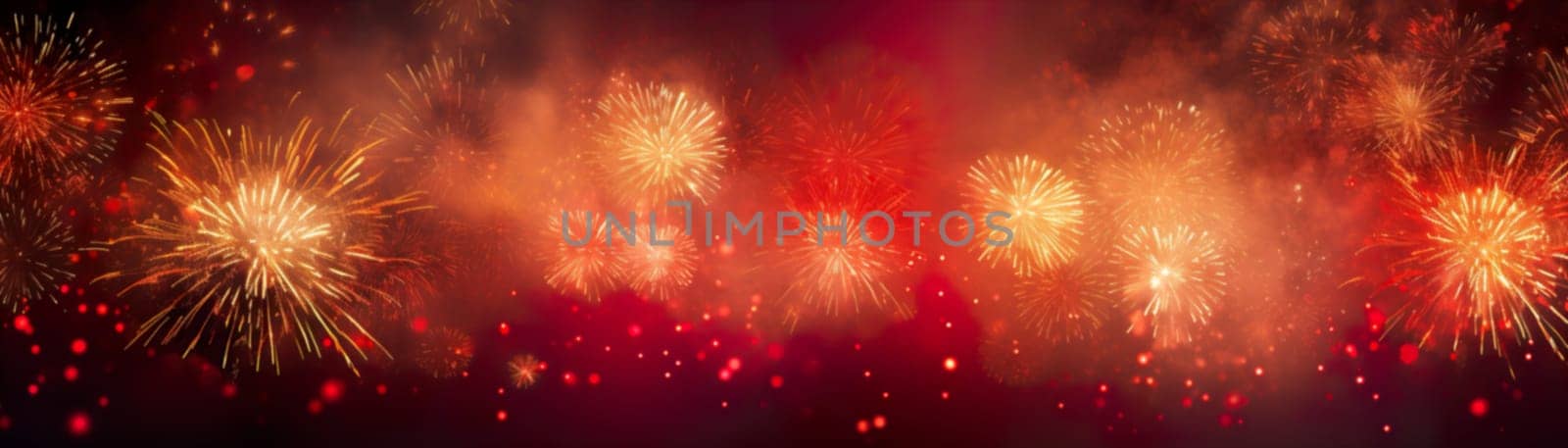 Dark red New Year background with fireworks. Festive backdrop, banner. Generative AI