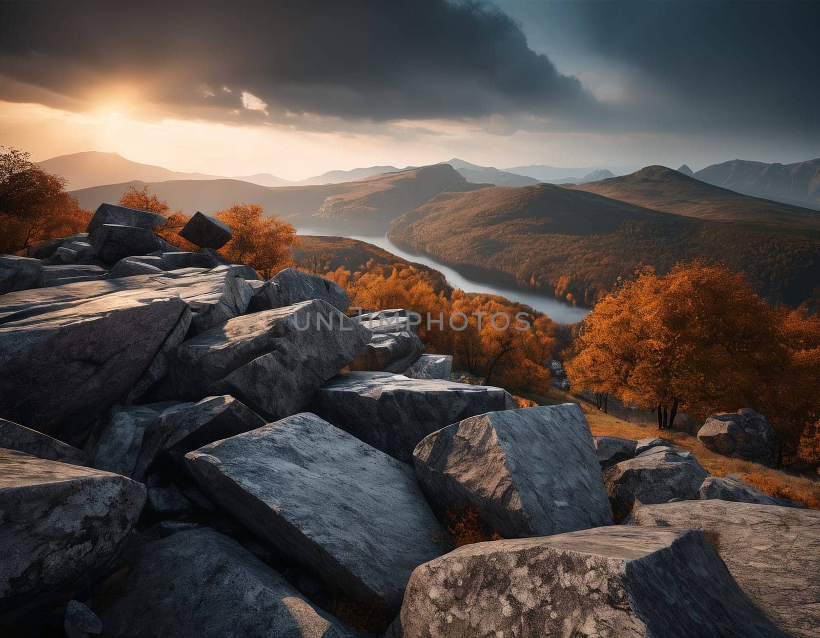 Beautiful cinematic mountain landscape with black marble and granite. High quality illustration