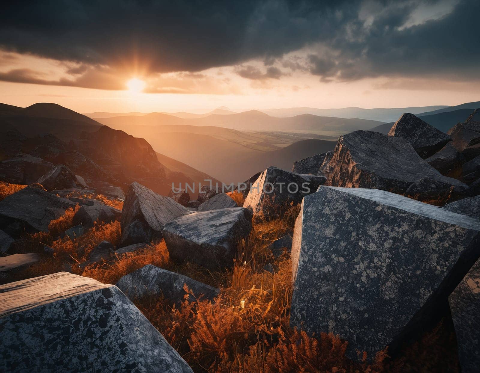 Beautiful cinematic mountain landscape with black marble and granite. High quality illustration