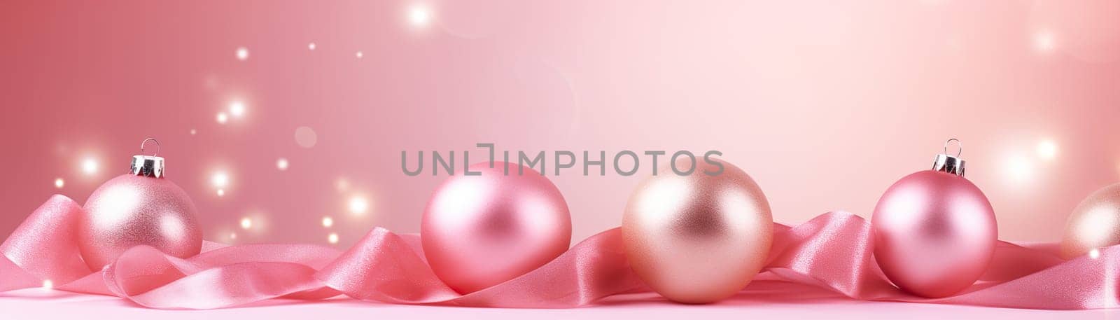 Beautiful pink Christmas background with shining decor and empty space. Glitter, bokeh lights. Copy space for your text. Merry Xmas, Happy New Year. Festive backdrop. Generative AI