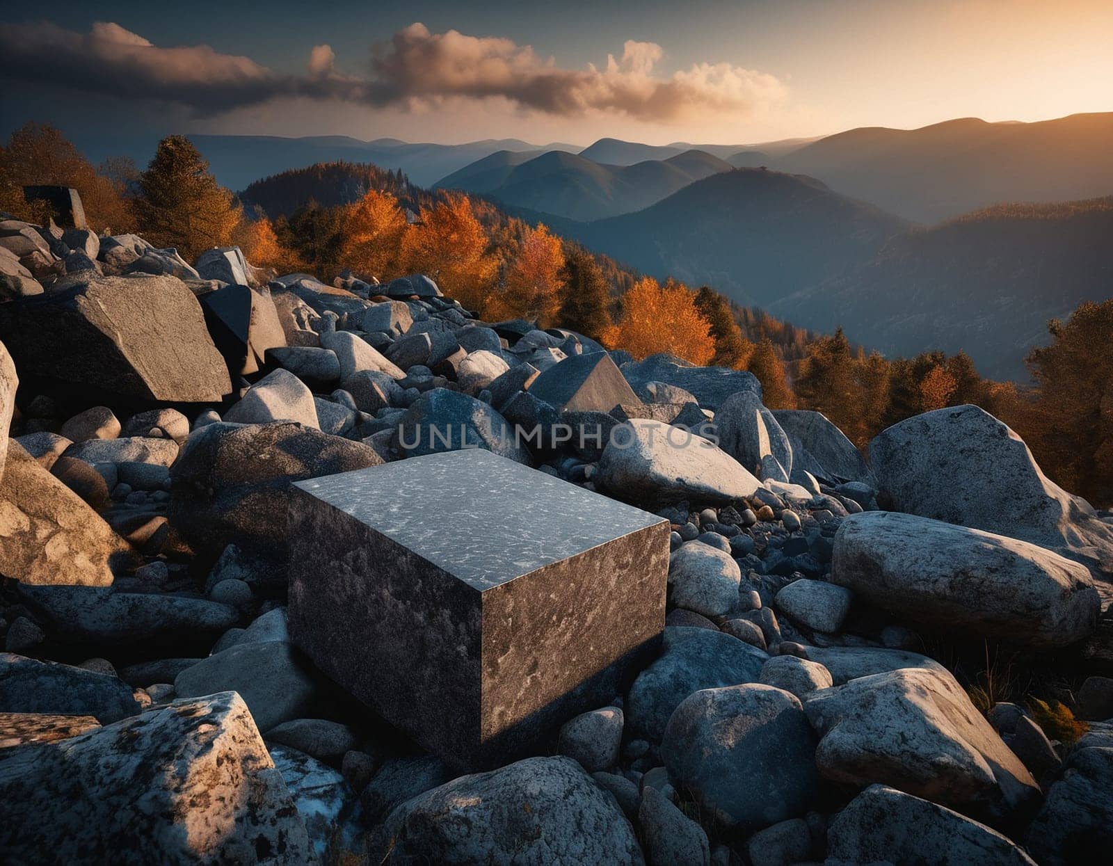 Beautiful cinematic mountain landscape with black marble and granite. High quality illustration