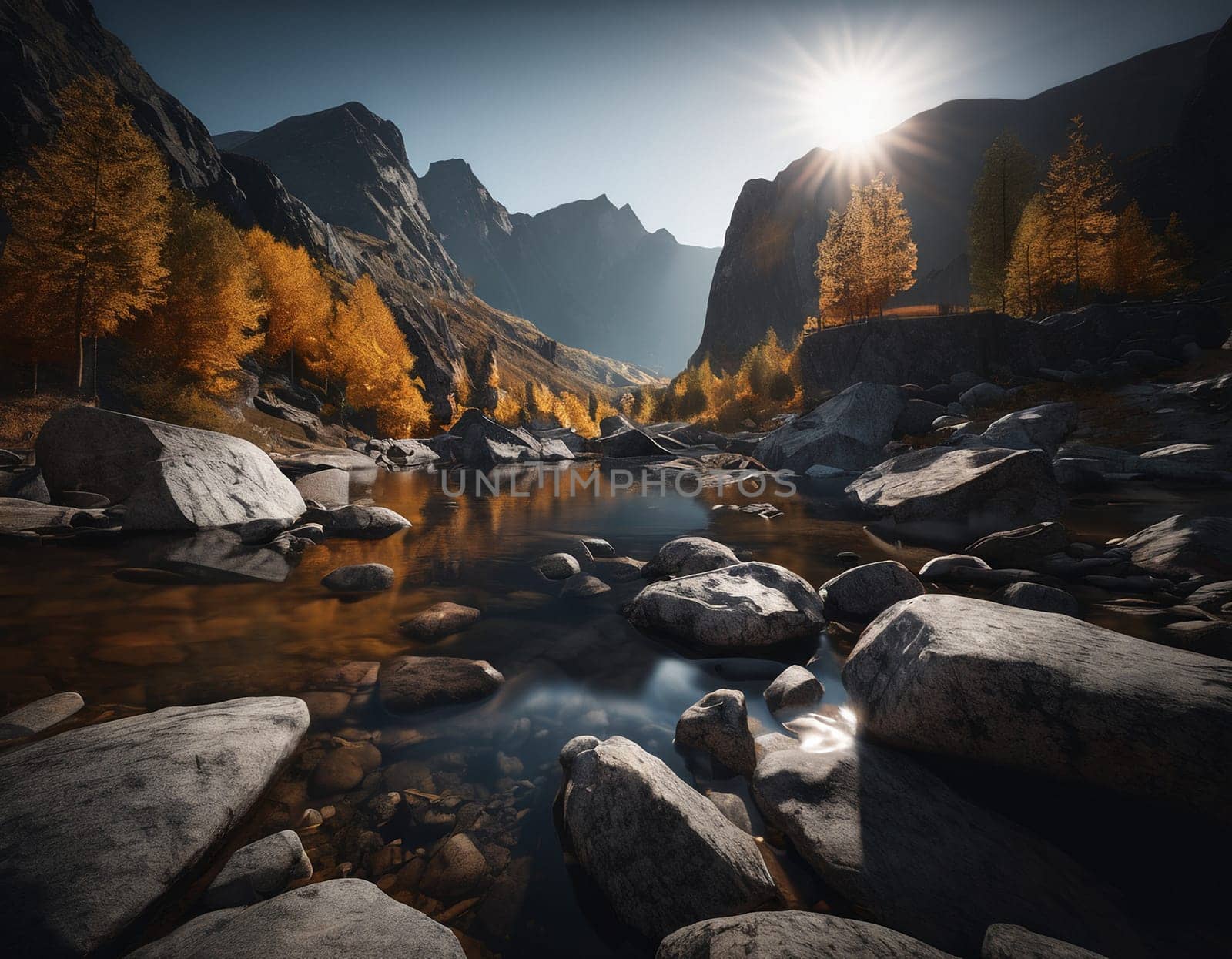 Beautiful cinematic mountain landscape with black marble and granite. High quality illustration