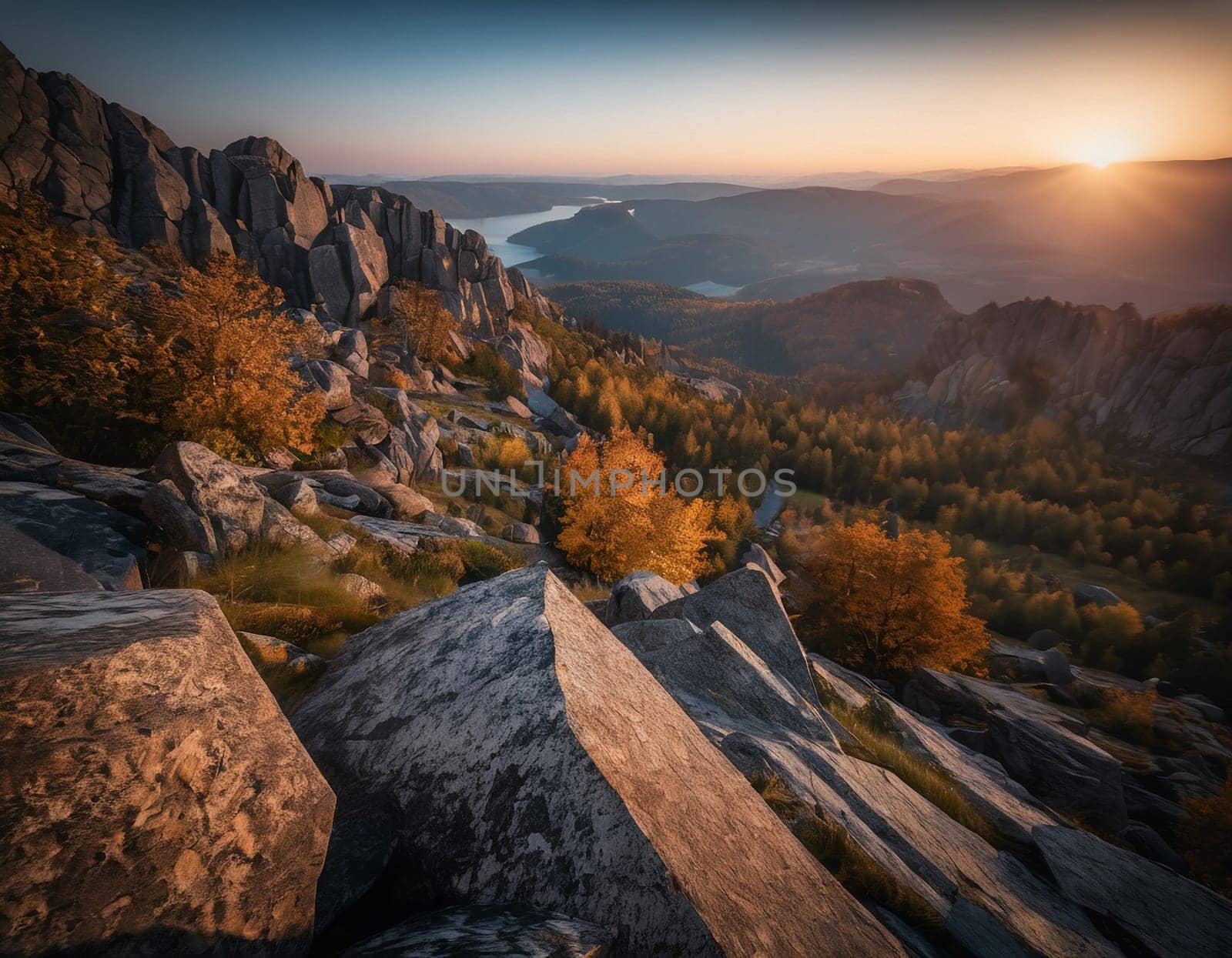 Beautiful cinematic mountain landscape with black marble and granite. High quality illustration