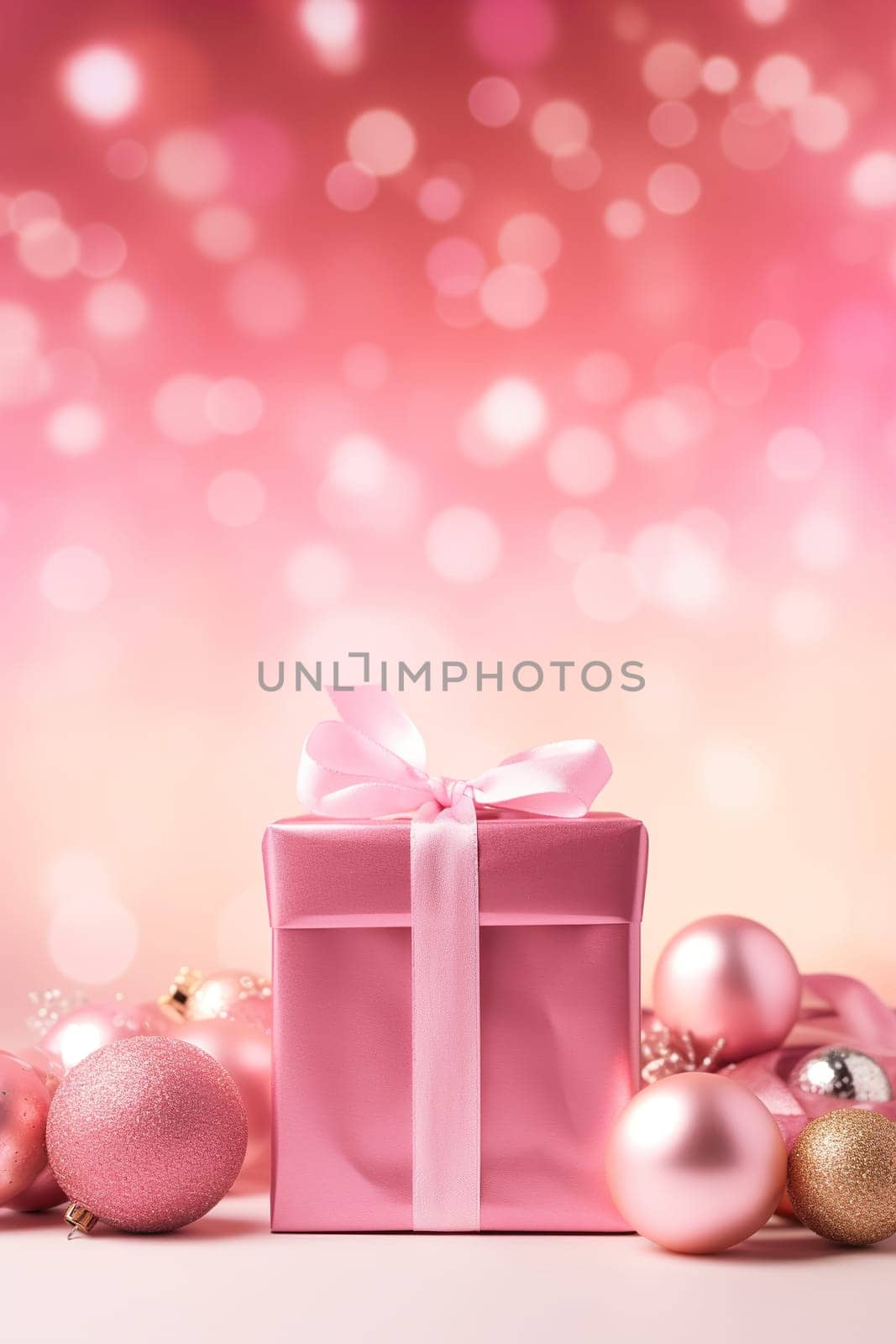 Beautiful pink Christmas background with present, shining decoration and empty space. Bokeh lights. Copy space for your text. Merry Xmas, Happy New Year. Festive vertical backdrop. Generative AI. by creativebird
