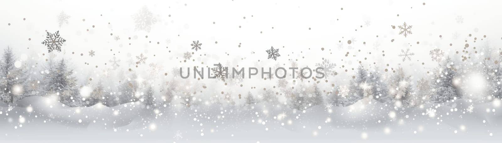 Winter wonderland scene with snowy trees and intricate snowflakes falling, set against a soft wintry background. Merry Xmas, Happy New Year banner. Festive backdrop. Generative AI