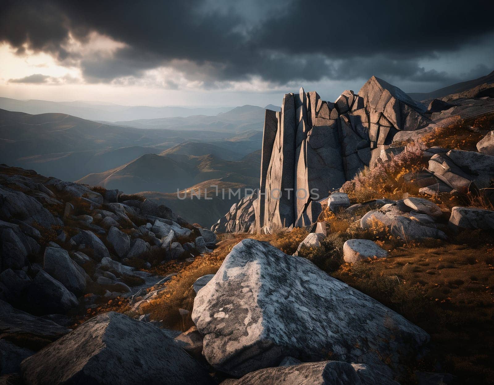 Beautiful cinematic mountain landscape with black marble and granite. High quality illustration