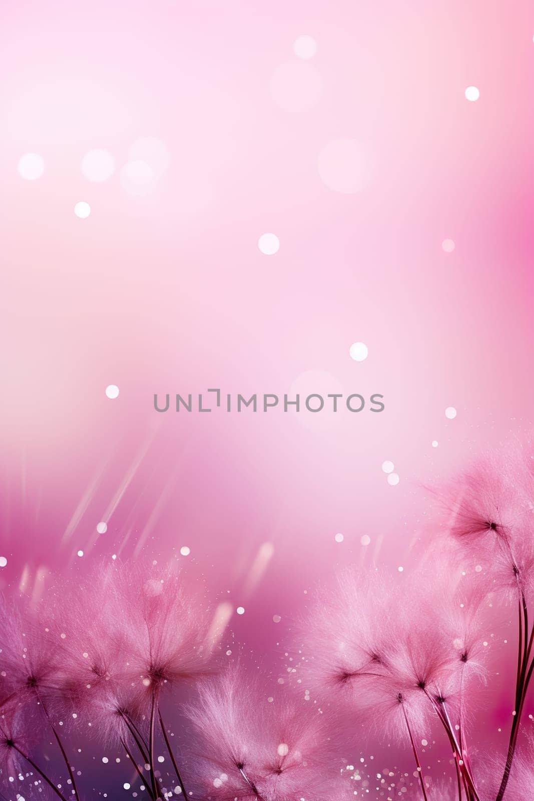 Soft dandelion seeds against a pink backdrop with sparkling bokeh, creating a gentle and dreamy scene. Background for cosmetic product displays, serene spa and wellness advertisements. Generative AI. by creativebird