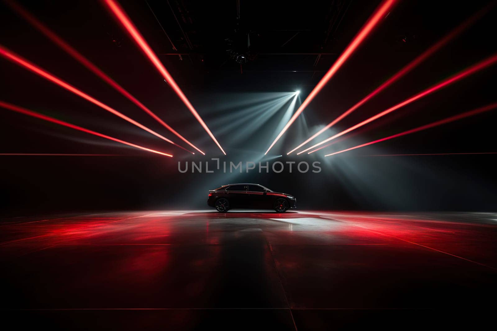 Side view of a modern car on stage in the rays of spotlights