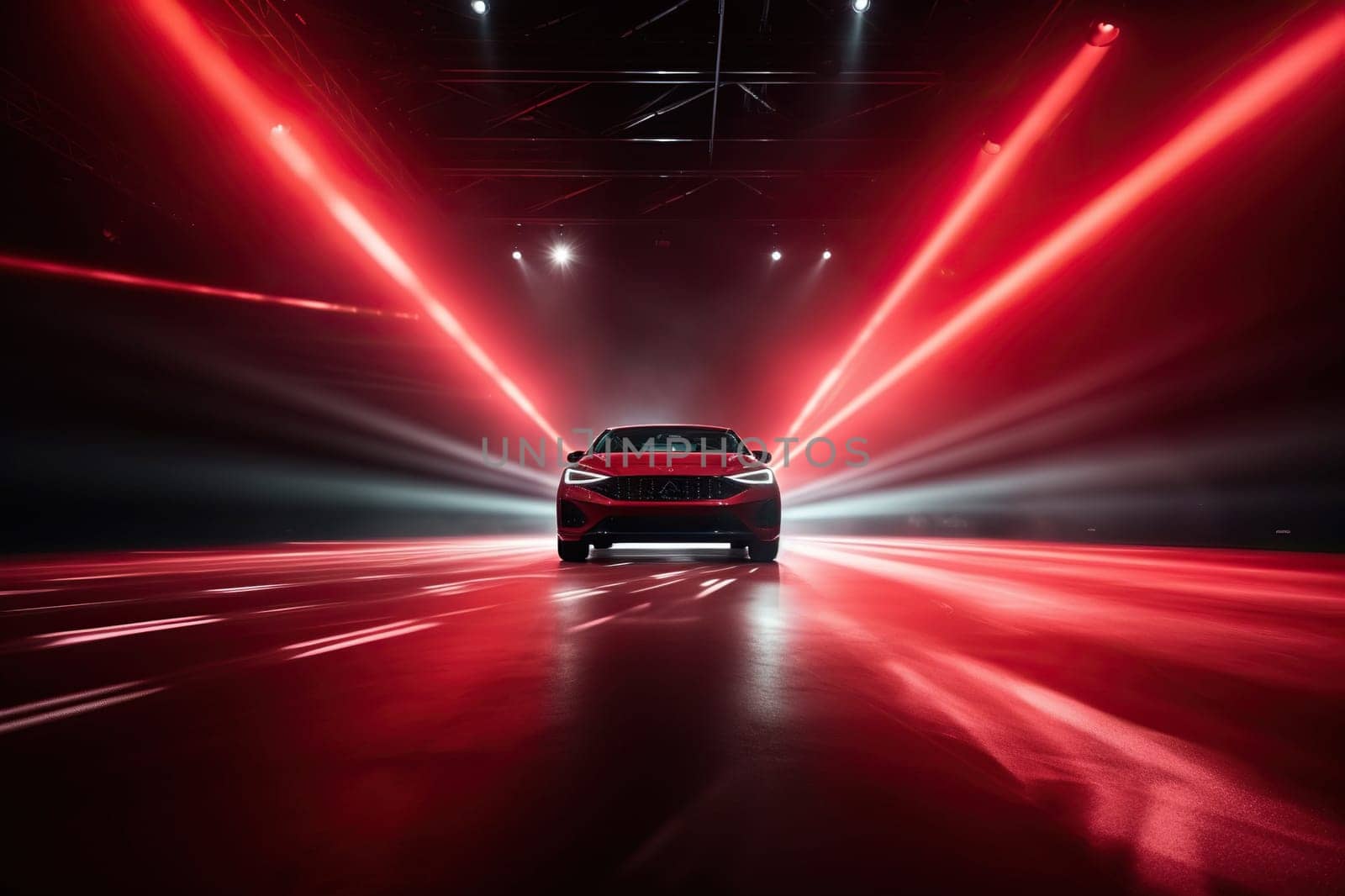 Speedy car in a tunnel with bright red light and spotlight. The latest high-speed technologies. by Vovmar