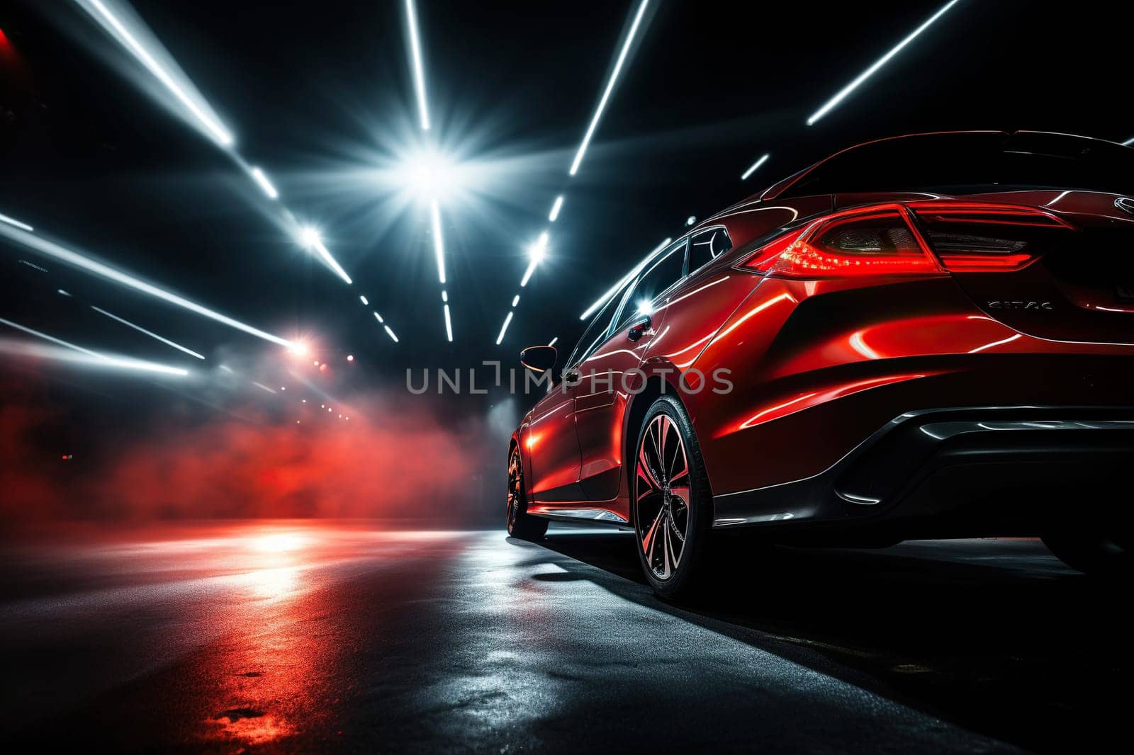 Modern red car in a tunnel, blurry tunnel light.