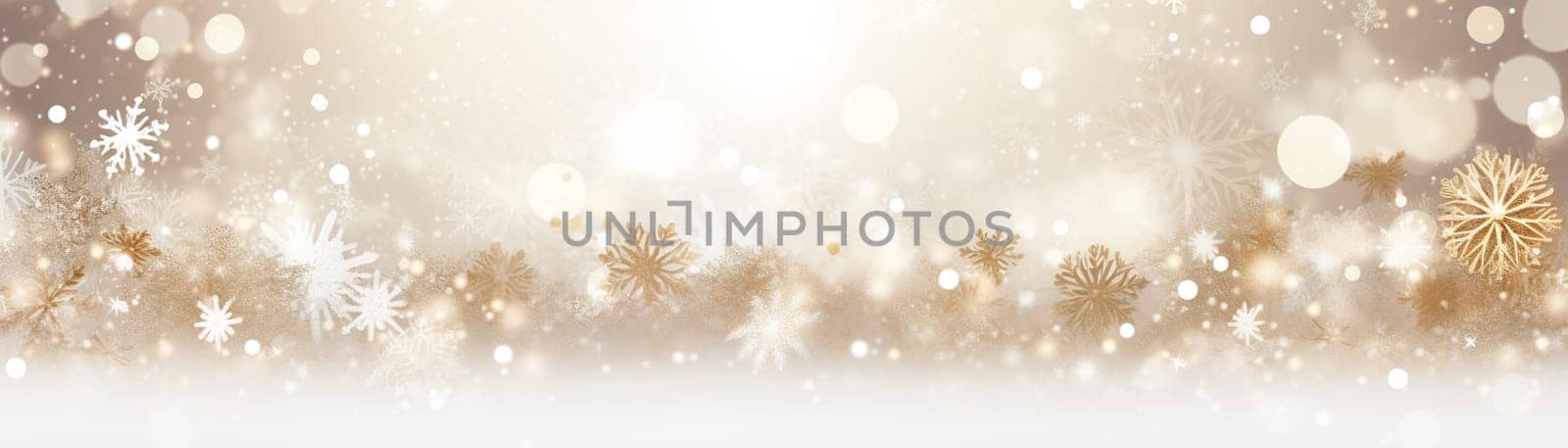 Golden and white snowflake celebration with sparkling bokeh lights, perfect for a festive winter holiday backdrop. Copy space for your text. Merry Xmas, Happy New Year background. Generative AI