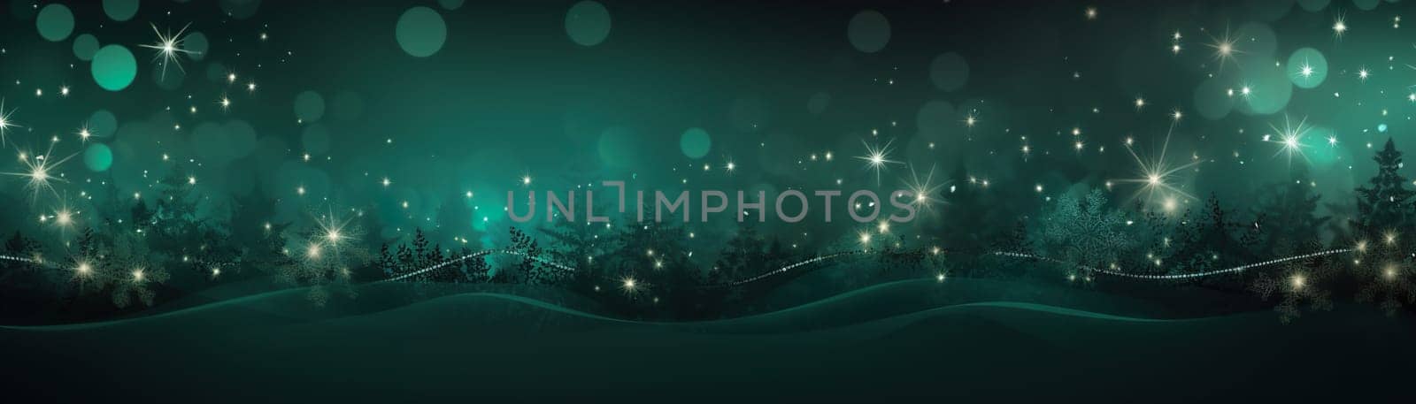 Dark green Christmas background with fir trees, snowflakes and empty space. Copy space for your text. Merry Xmas, Happy New Year. Festive backdrop, banner. Generative AI