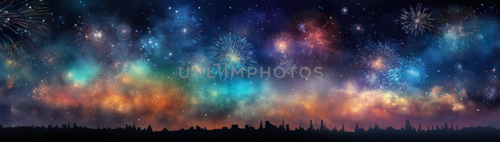 Spectacular fireworks burst in vibrant colors over dark city skyline, casting dazzling reflection on a festive night, perfect for New Year's celebrations, grand events. Happy New Year. Generative AI. by creativebird