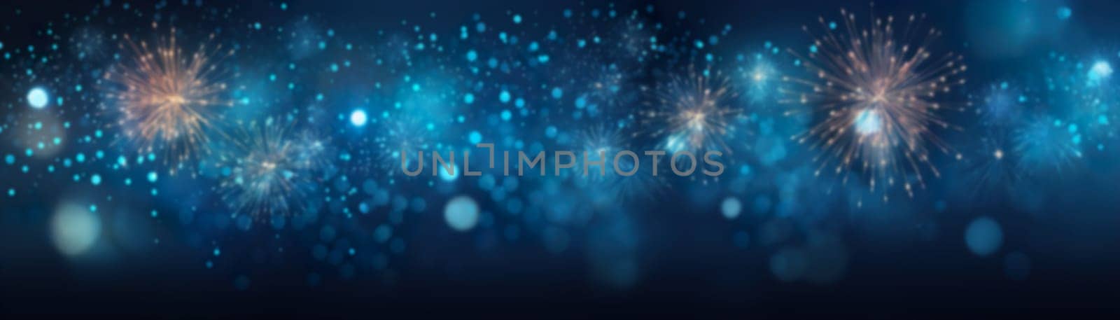 Blue New Year background with fireworks. Festive backdrop, banner. Generative AI
