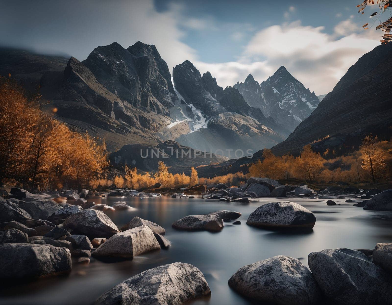 Beautiful cinematic mountain landscape with black marble and granite. High quality illustration