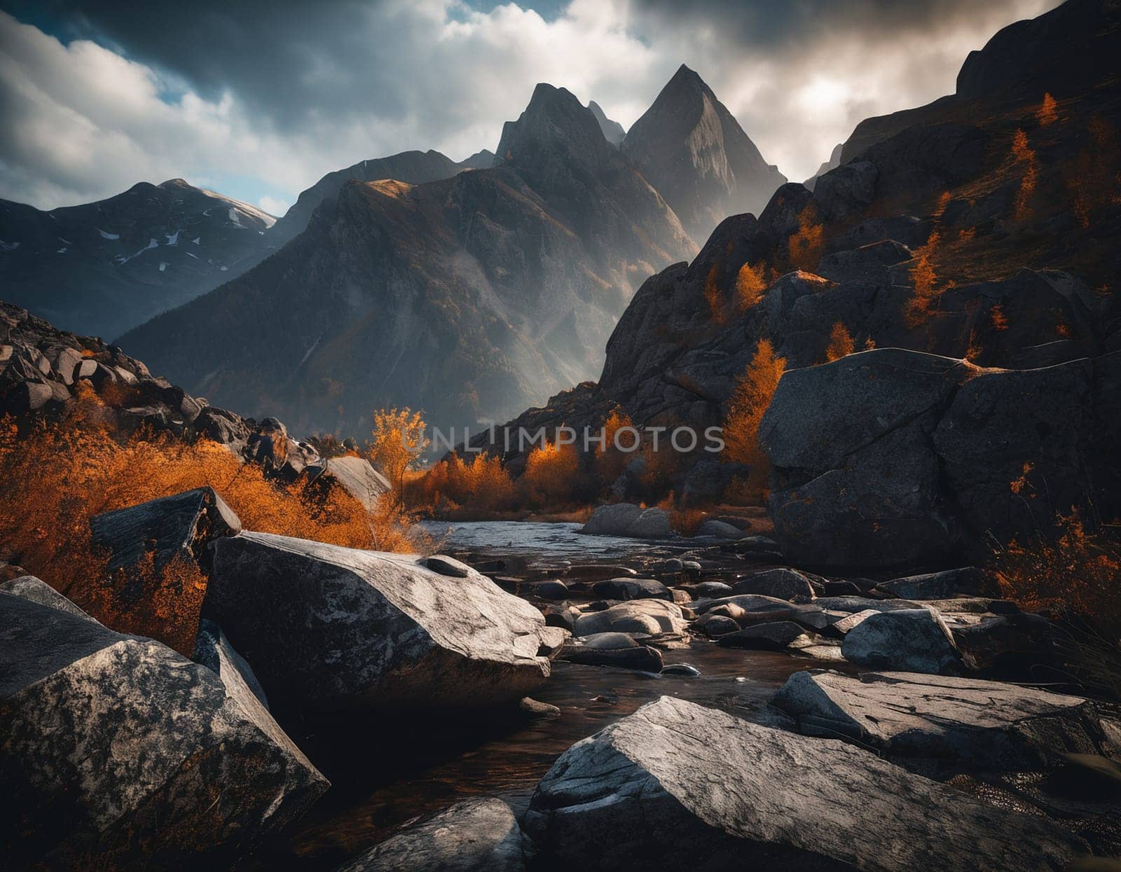 Beautiful cinematic mountain landscape with black marble and granite. High quality illustration