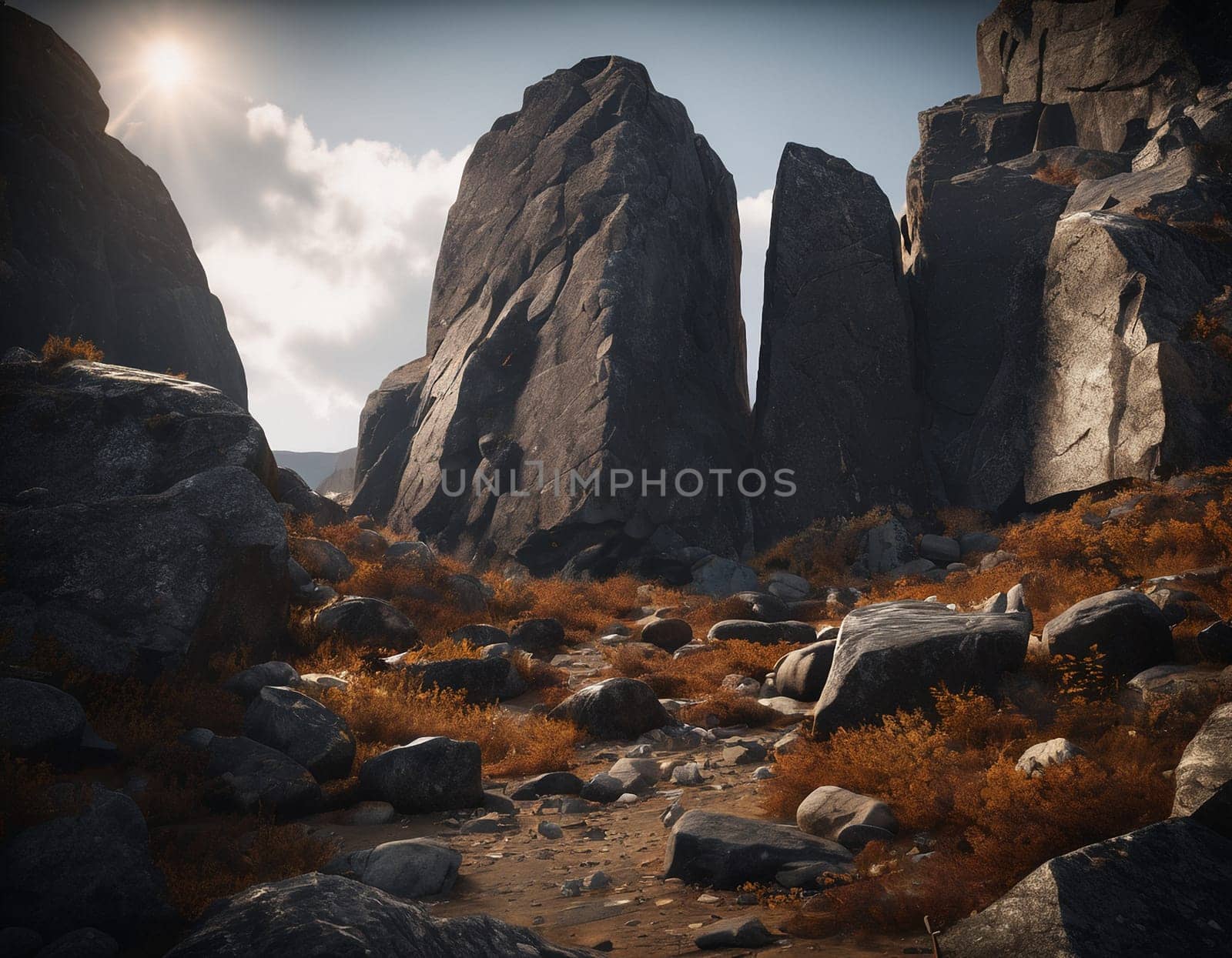 Beautiful cinematic mountain landscape with black marble and granite. High quality illustration