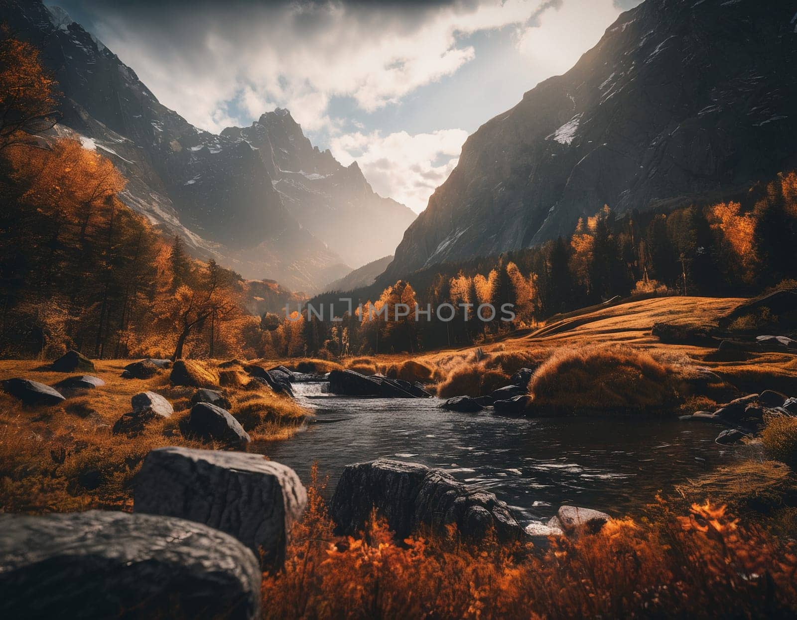 Beautiful cinematic mountain landscape with black marble and granite. High quality illustration