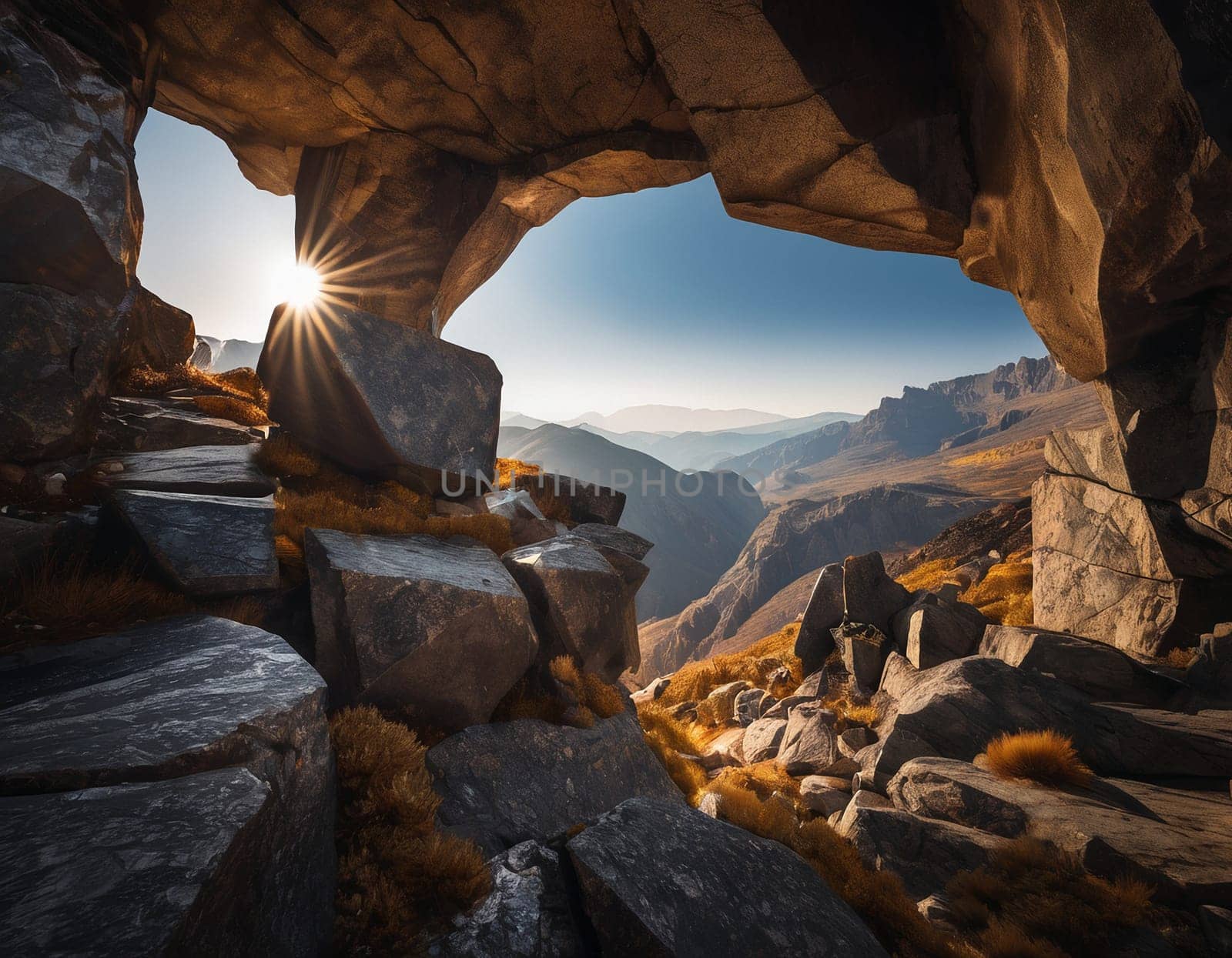 Beautiful cinematic mountain landscape with black marble and granite. High quality illustration